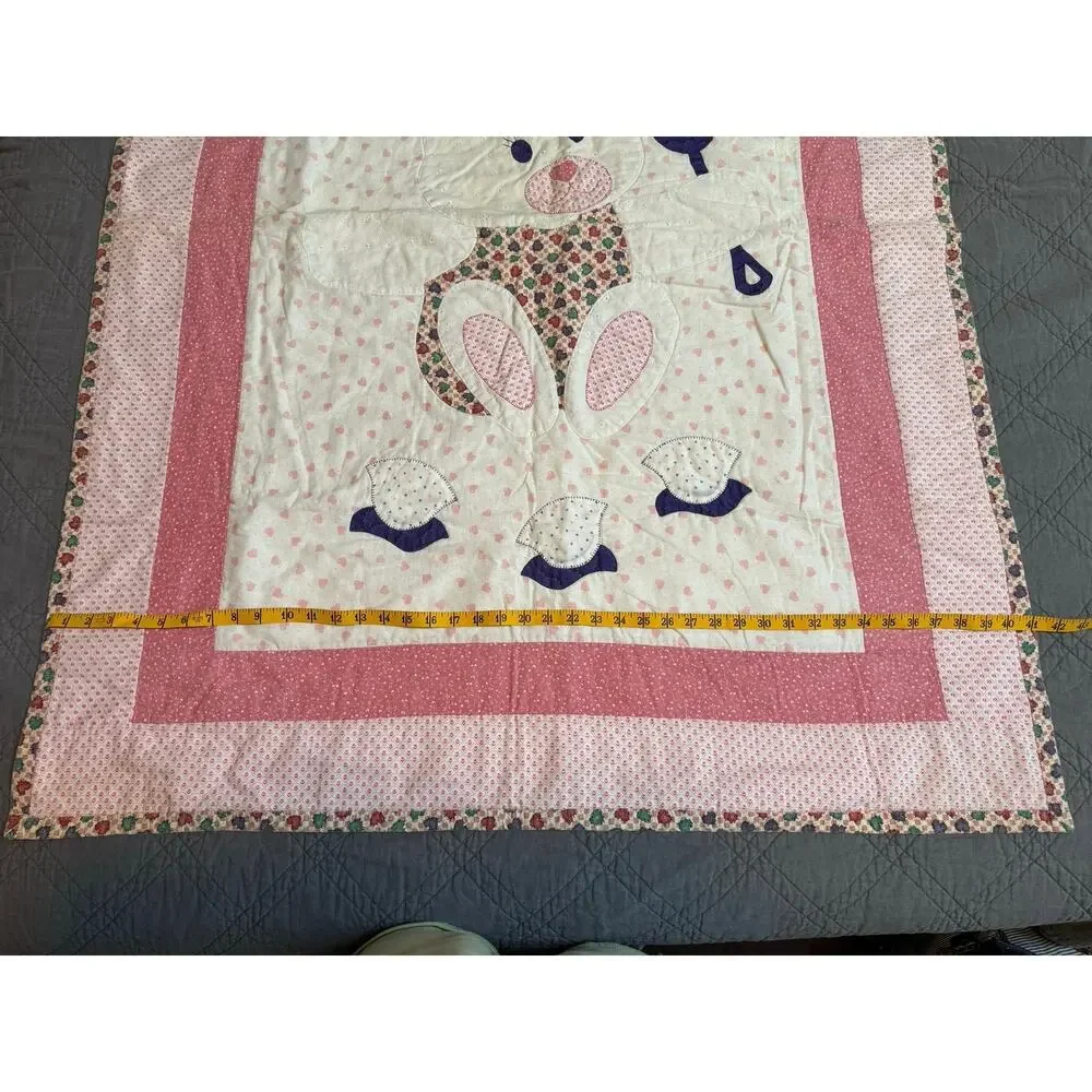 90s VTG Handmade Hunny Bunny Rabbit Baby Quilt Crib Blanket Pink & White Hearts